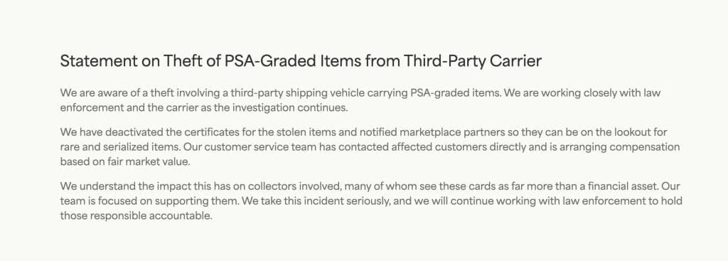 PSA’s statement on the theft of PSA-graded items from a third-party carrier