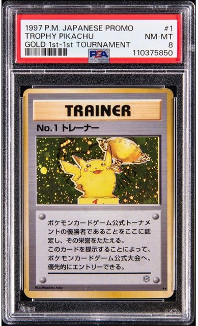 The 1997 Gold 1st Place Trophy Pikachu, PSA 8, cert 110375850, sold at Goldin for $3,080,500